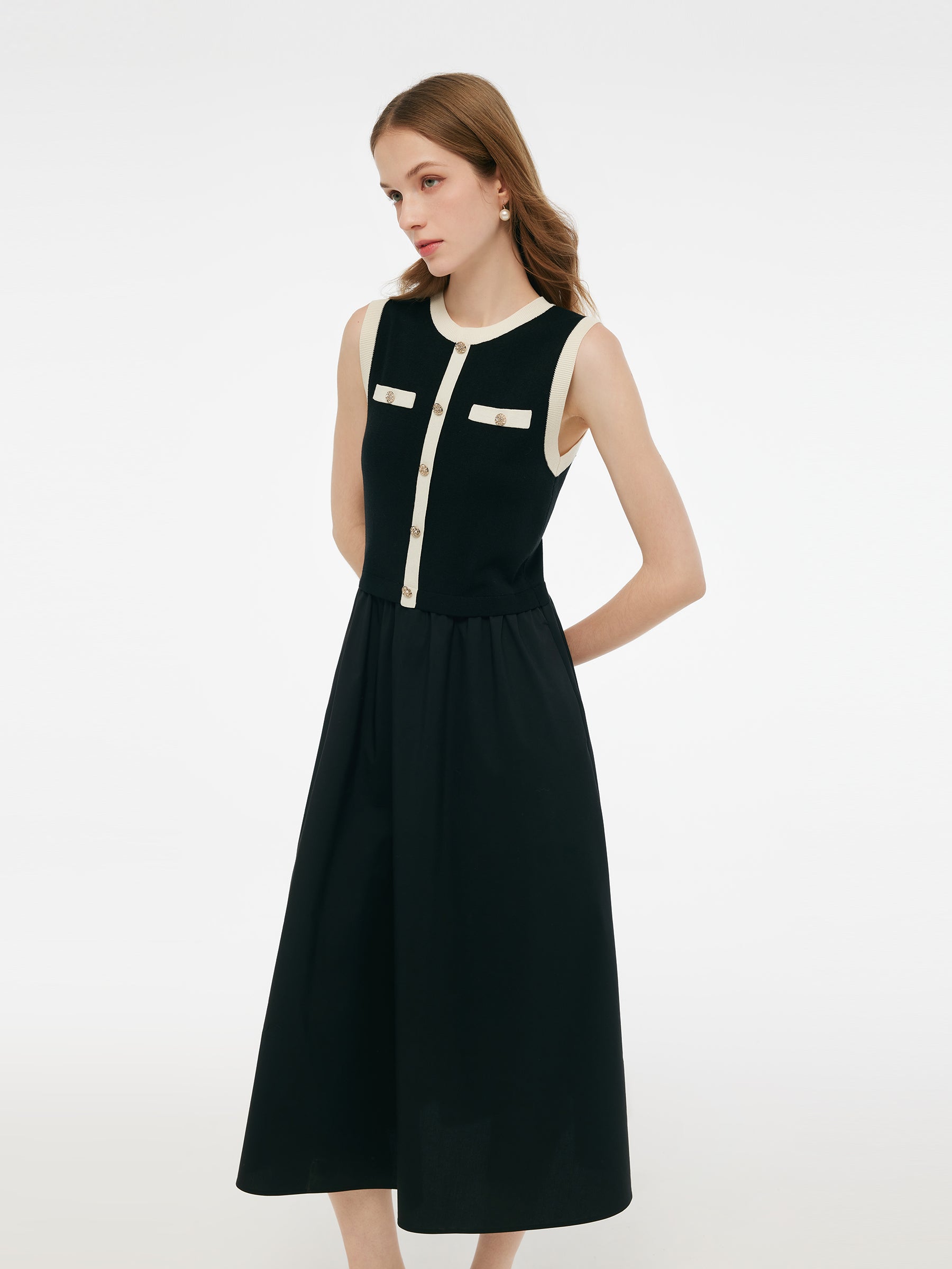 Lyocell Contrast Trim Patchwork Women Vest Midi Dress