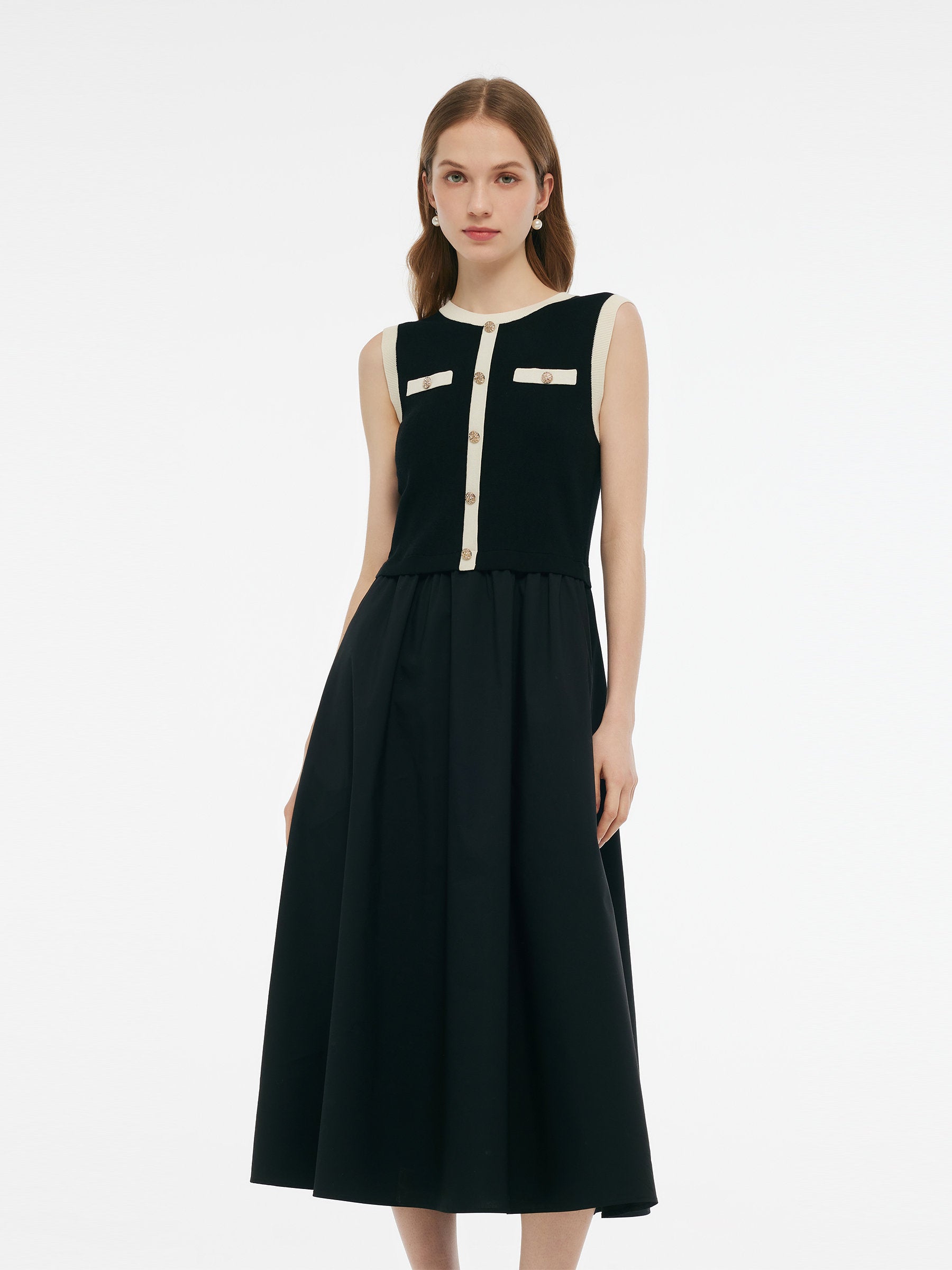 Lyocell Contrast Trim Patchwork Women Vest Midi Dress