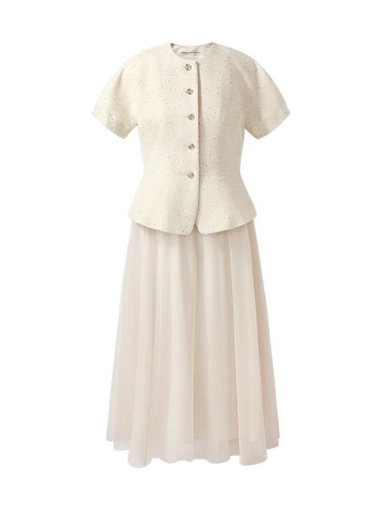 Tweed Sequins Short Sleeve Jacket And Mesh Skirt Two-Piece Set