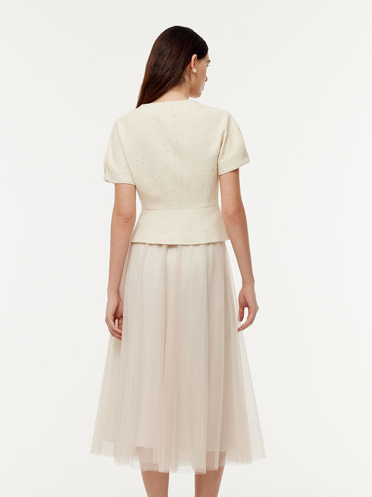 Tweed Sequins Short Sleeve Jacket And Mesh Skirt Two-Piece Set