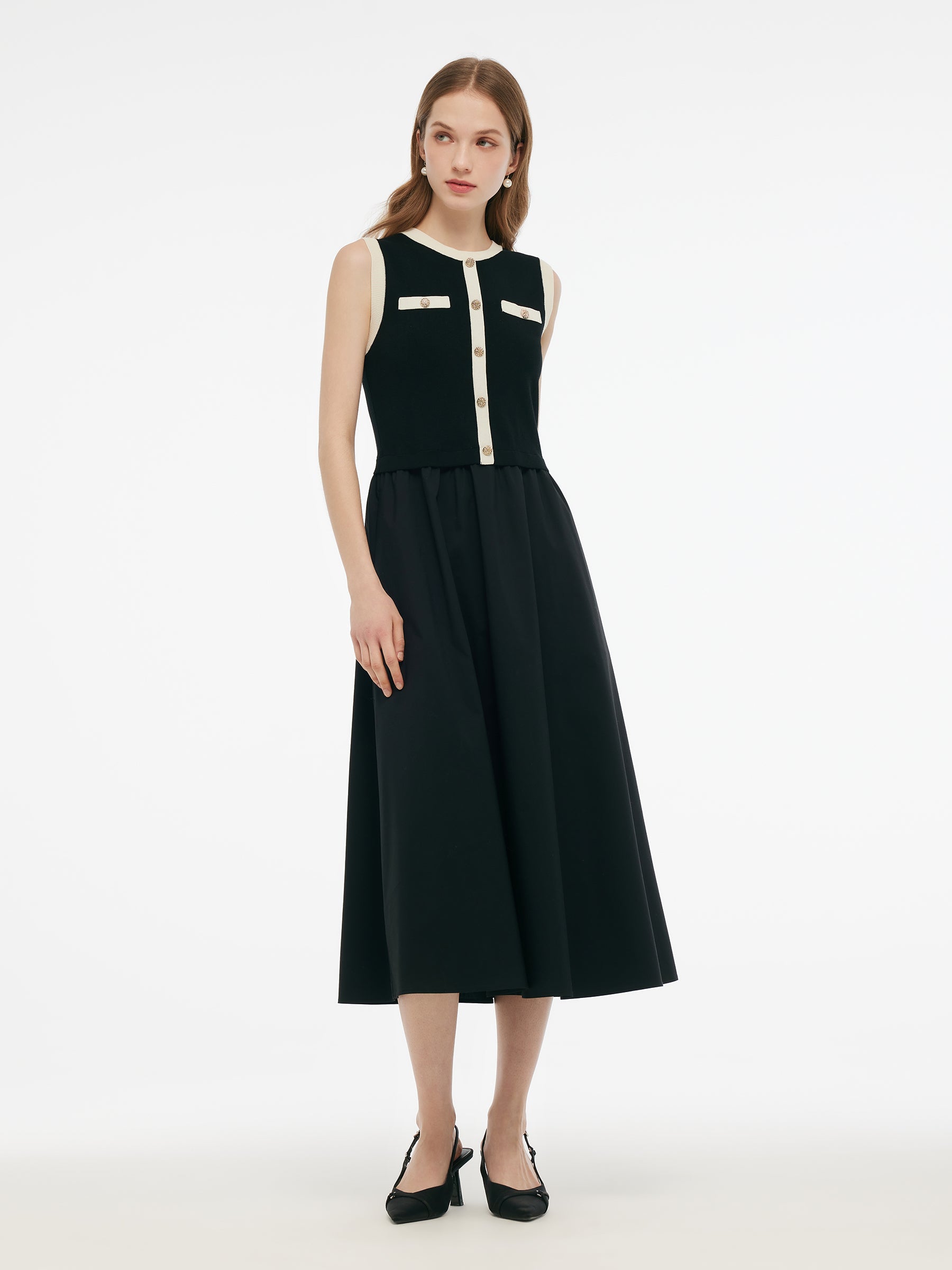 Lyocell Contrast Trim Patchwork Women Vest Midi Dress
