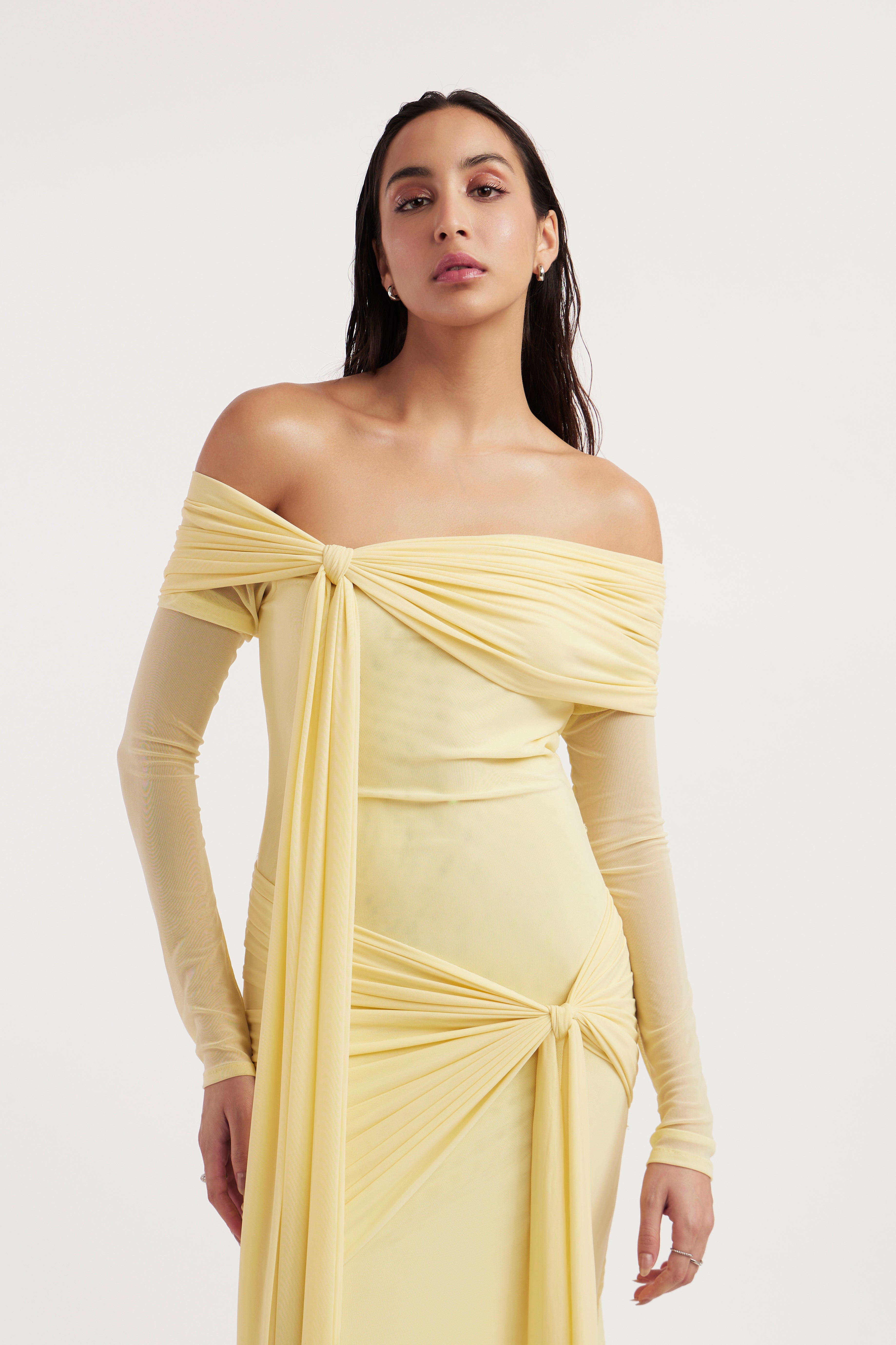 Celina Off-Shoulder Gown – Butter Yellow