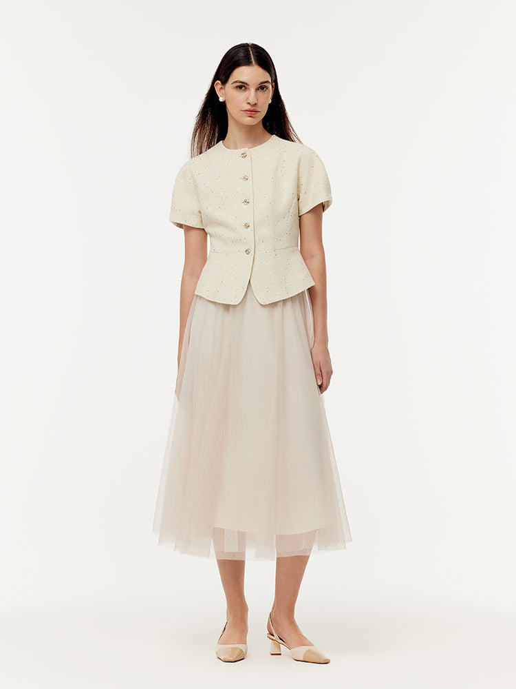 Tweed Sequins Short Sleeve Jacket And Mesh Skirt Two-Piece Set