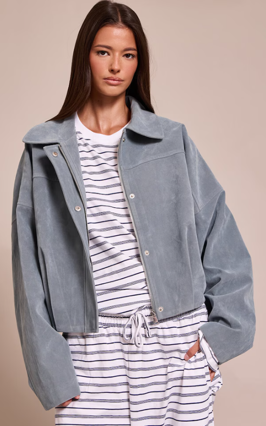 Blue Suede-Look Bomber Jacket