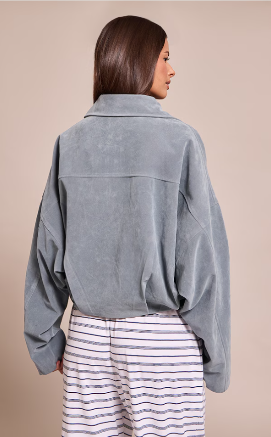 Blue Suede-Look Bomber Jacket