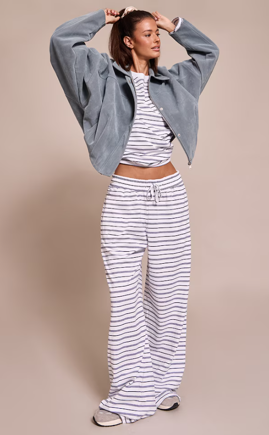 Blue Suede-Look Bomber Jacket