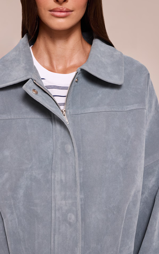 Blue Suede-Look Bomber Jacket