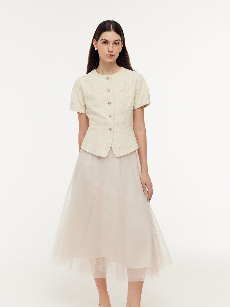 Tweed Sequins Short Sleeve Jacket And Mesh Skirt Two-Piece Set
