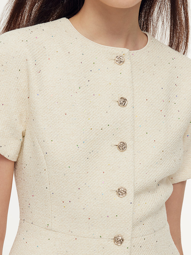 Tweed Sequins Short Sleeve Jacket And Mesh Skirt Two-Piece Set