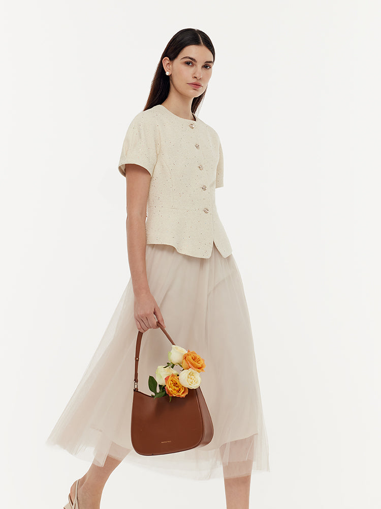 Tweed Sequins Short Sleeve Jacket And Mesh Skirt Two-Piece Set