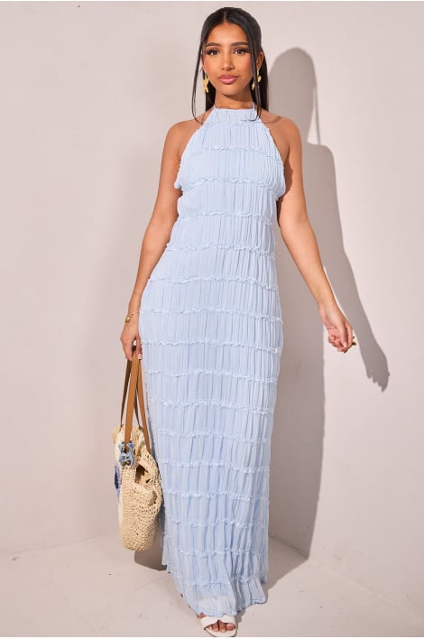 Robe longue dos nu à volants col montant bleu ciel