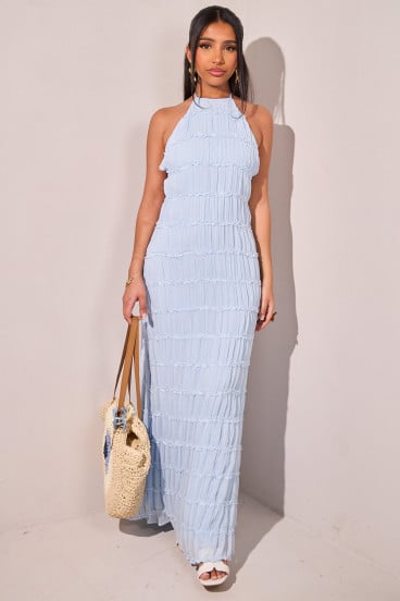 Robe longue dos nu à volants col montant bleu ciel