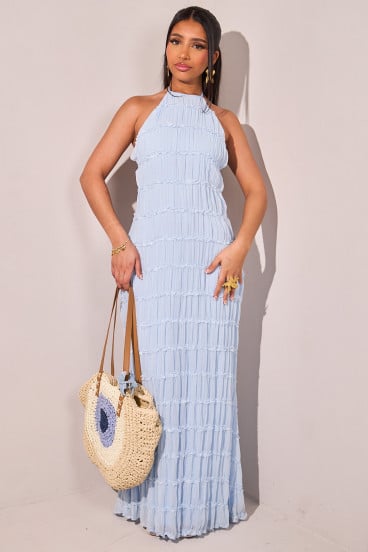 Robe longue dos nu à volants col montant bleu ciel